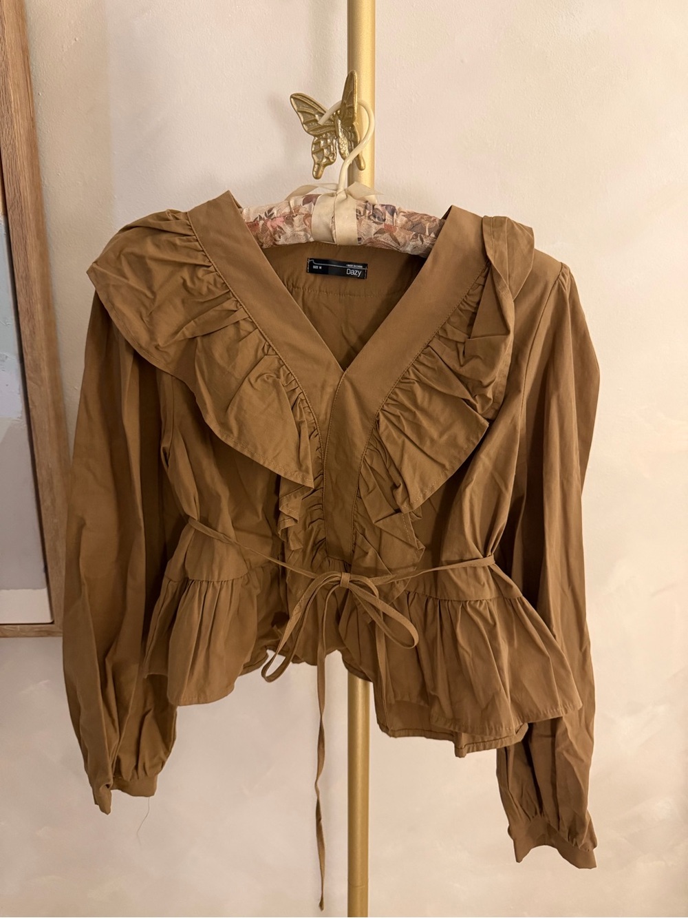 Ruffle Tie-Waist Peplum Blouse — Tan